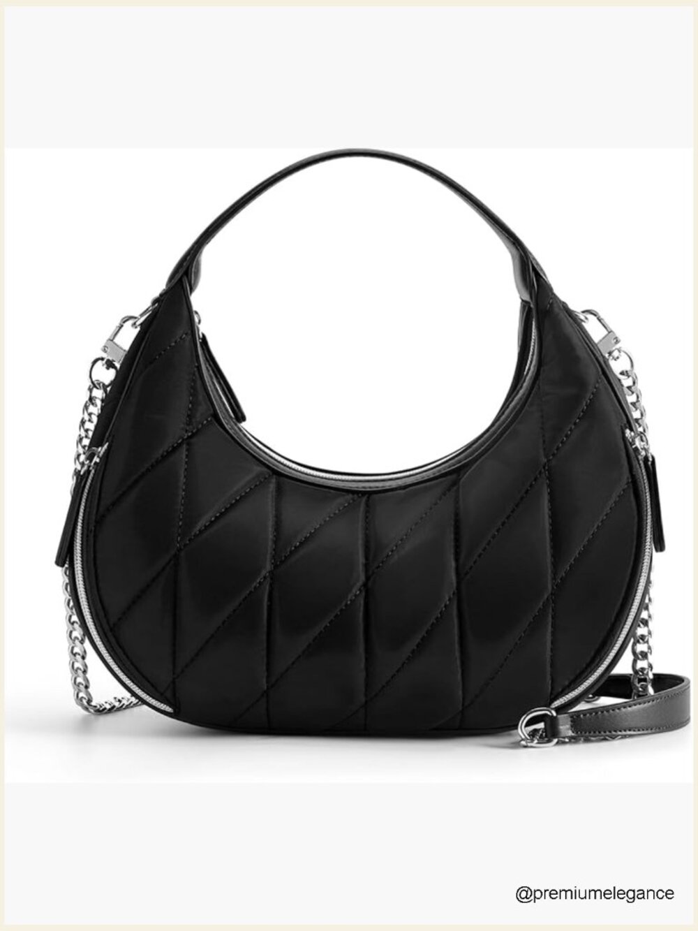 Quilted Nylon Crescent Crossbody Bag with Chain Strap, Lightweight Hobo Purse - Picture 1 of 7